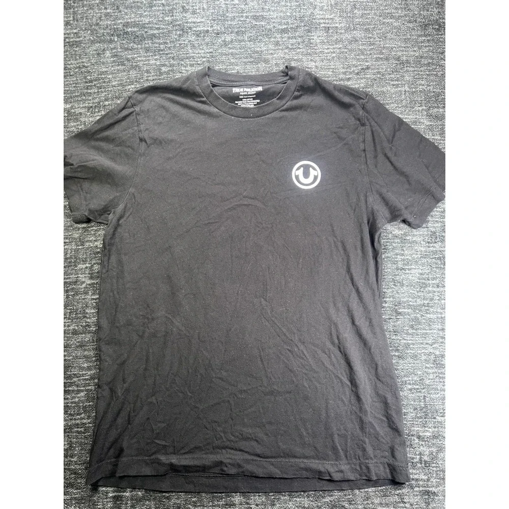 True Religion T-Shirt Mens Large Black Graphic Back Logo Cotton Crew Neck 107302